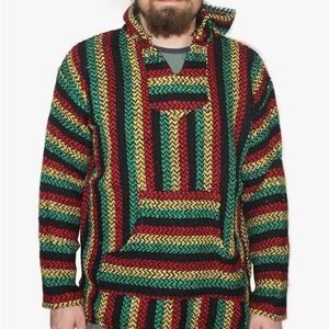 Rasta Baja Joe Eco-Friendly Woven Striped Pullover Baja Hoodie Large